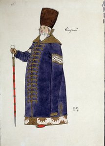 Rysunek kostiumu do opery „Złoty kogut” Mikołaja (Nikołaja) Rimskiego Korsakowa (Rimsky-Korsakov) (1844-1908) (Projekt kostiumu do opery Złoty kogut N. Rimskiego-Korsakowa (Rimsky). Korsakow) .Rysunek Iwana Jakuba Bilibina (Bilibine) (1876- autorstwa Ivan Yakovlevich Bilibin