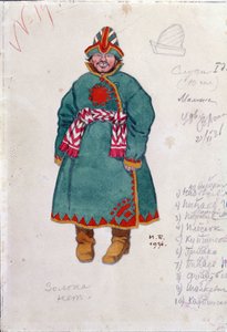 Rysunek kostiumu do opery „Opowieści cara Saltana” Mikołaja (Nikolai) Rimskiego Korsakowa (Rimsky-Korsakov) (1844-1908) (Projekt kostiumu do opery The Tale of Car Saltan N. Rimsky-Korsakov (Rimsky) Korsakow, rysunek Iwana Jakuba Bilibin .a autorstwa Ivan Yakovlevich Bilibin