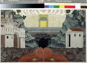 Rysunek przygotowawczy do sztuki „Cud Teofila” Rutebeufa (1230-1285) (projekt scenografii do sztuki Le Miracle de Theophile Rutebeufa). Obraz Iwana Jakuba Bilibina (Bilibin) (1876-1942). Akwarela i tusz na papierze, 39,5 x 64 cm autorstwa Ivan Yakovlevich Bilibin