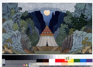 Rysunek przygotowawczy do scenografii do opery „Złoty Kogucik” Mikołaja (Nikolai) Rimskiego Korsakowa (Rimski-Korsakow) (1844-1908) (Scenografia do opery Złoty Kogucik N. Rimskiego-Korsakowa (Rimski Korsakow) Rysunek Iwana Jakuba Bilibina (Billy autorstwa Ivan Yakovlevich Bilibin