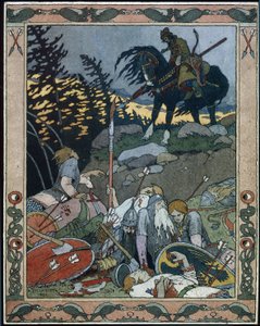 Ilustracja do bajki Maria des mers (Ilustracja do bajki Marya Morevna). Książę Iwan odkrywa armię pokonaną przez królową wojowników Marię Morevnę. Praca Ivana Yakovlevicha Bilibin (Bilibin) (1876-1942), akwarela i tusz na papierze autorstwa Ivan Yakovlevich Bilibin