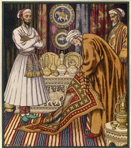 Książę Ali kupuje magiczny dywan. Ilustracja do arabskiej opowieści. (Książę Ali kupuje dywan). Obraz Iwana Jakuba Bilibina (Bilibin) (1876-1942). Akwarela na papierze. Sankt Petersburg, Państwowe Muzeum Rosyjskie. autorstwa Ivan Yakovlevich Bilibin