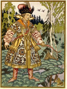Książę Iwan i Księżniczka Żaby. (Iwan Carewicz i Żaba Księżniczka). Rosyjska tradycyjna opowieść. Praca Ivana Yakovlevicha Bilibin (Bilibin) (1876-1942), akwarela i gwasz na papierze autorstwa Ivan Yakovlevich Bilibin
