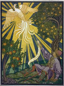 Książę chwyta pióro ognistego ptaka. Ilustracja do bajki „Iwan Carewicz, Ognisty Ptak i Szary Wilk”. Praca Ivana Yakovlevicha Bilibin (Bilibin) (1876-1942), akwarela i gwasz na papierze. Sztuka rosyjska, wiek XX, symbolika. autorstwa Ivan Yakovlevich Bilibin