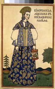 Młoda dama z Wołogdy w odświętnej sukience. (Dziewczyna z Wołody w odświętnym stroju). Ubrana w kokochnik, wysokie nakrycie głowy i sarafane, prostą sukienkę bez rękawów, z regionu na północ od Moskwy. Praca Iwana Jakowlewicza Bilibina (Bilibin) (1876-1942 autorstwa Ivan Yakovlevich Bilibin