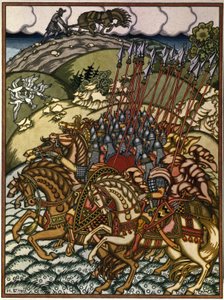 Wołga Światosławicz (Wsiesław de Połock (wers 1039-1101), wielki książę kijowski de 1068 a 1069) i Mikula Selyaninovich (?). Oeuvre de Ivan Yakovlevich Bilibin (Bilibine) (1876-1942), litografia autorstwa Ivan Yakovlevich Bilibin