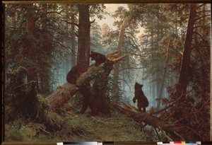 Poranek w sosnowym lesie (Trzy niedźwiadki wspinają się na zwalone drzewo, pod okiem matki) - Poranek w sosnowym lesie - Obraz Ivan Ivanovich Shishkin (Shishkin) (1832-1898), olej na płótnie autorstwa Ivan Ivanovich Shishkin