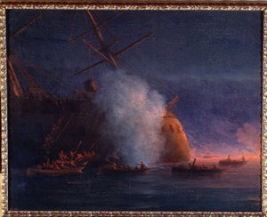 Wojna rosyjsko-turecka (rosyjsko-turecka) z lat 1877-1878: atak rosyjskich żaglówek na turecki pancernik parowy Assari Shevket na Morzu Czarnym, 12 sierpnia 1877 r. (Atak rosyjskich kutrów na turecki pancernik parowy Assari Shevket w Morze Czarne w dniu 12 autorstwa Ivan Konstantinovich Aivazovsky