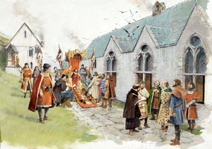 Dziedziniec na wyspie zamku hrabiego Ryszarda w Tintagel w XIII wieku (akwarela na papierze) autorstwa Ivan Lapper