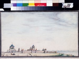 Widok na Rostów, Kreml. (Widok na Kreml Rostowski). Obraz Iwana Michajłowicza Biełogonowa (1800-1871). Akwarela i tusz na papierze autorstwa Ivan Mikhaylovich Belogonov