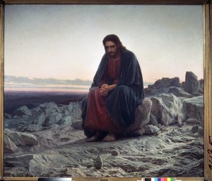 Chrystus na pustyni (Chrystus na pustyni). Chrystus, siedzący na skale, z rękami złożonymi w postawie medytacyjnej kontemplacji. Obraz Iwana Nikołajewicza Kramskoja (1837-1887), olej na płótnie