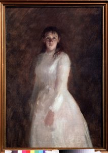 Portret młodej damy (Portret młodej damy). (ubrana w długą białą sukienkę). Obraz Iwana Nikołajewicza Kramskoja (1837-1887), olej na płótnie. Sztuka rosyjska autorstwa Ivan Nikolaevich Kramskoy
