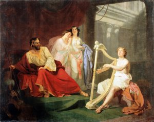 Dawid i król Saul (Dawid i król Saul). Odcinek ze Starego Testamentu, Dawid gra na harfie przed hebrajskim królem, Saul bierze Dawida na służbę, ale rozwija do niego niechęć, która skłania go do zabicia go, więc chwyta włócznię z mrocznym spojrzeniem autorstwa Ivan Petrovich Keler-Viliandi
