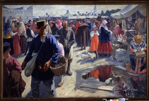 Targi (Targi). Scena targowa w rosyjskim prowincjonalnym miasteczku, w tradycyjnej atmosferze, z chłopami i sprzedawcami. Obraz Ivan Semyonovich Kulikov (Koulikov) (1875-1941), olej na płótnie