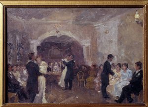 Bal Kupiecki. Pary tańczą, młode dziewczyny ubrane na biało siedzą czekając na zaproszenie do tańca. Obraz Ivan Semyonovich Kulikov (Koulikov) (1875-1941), olej na płótnie