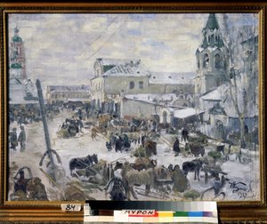 Kościół w Muromie (Rosja). (Kościół w Murom). Opis ulicy miejskiej, pod śniegiem, z codzienną rozrywką, powozami konnymi. Obraz Ivan Semyonovich Kulikov (Koulikov) (1875-1941), olej na płótnie