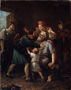 Powrót wojownika (Wojownik powracający do domu). Żołnierz wraca do domu i rzuca się w ramiona swojego starego ojca. Cała rodzina wyraża radość i ulgę widząc go żywego. Obraz Iwana Wasiljewicza Łuchaninowa (1781-1824), olej na t autorstwa Ivan Vasilyevich Luchaninov