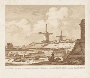 Widok poza Haarlemmerpoort w Amsterdamie z siedzącym rysownikiem Widok poza Haarlemmer-Poort, na Hoogen Dijk, w kierunku Zandhoek (tytuł na obiekcie)