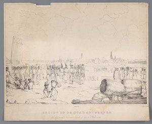Widok miasta Antwerpia dzień po bombardowaniu, 28 października 1830 r. (tytuł na obiekcie) autorstwa Izaak Schouman