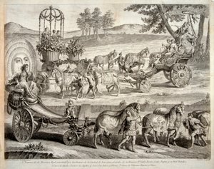 Rydwan Apolla - Wyciąg z albumu ""Masque royal"" (Mascara real) - Miedzioryt autorstwa A J De Fehrta (Defehrt) (1723-1774) autorstwa J.A. Defehrt