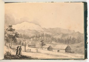 Górski krajobraz z ludźmi i domami autorstwa Johan Christian Dahl