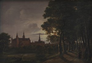 Zamek Frederiksborg przy świetle księżyca autorstwa Johan Christian Dahl
