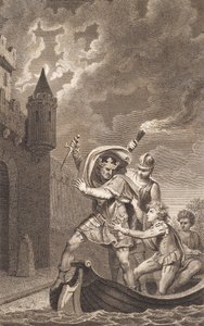 Ilustracja. Król z podniesionym sztyletem i trzema osobami w łodzi autorstwa J.F. Clemens
