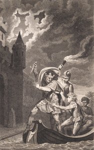 Ilustracja. Król z podniesionym sztyletem i trzema osobami w łodzi autorstwa J.F. Clemens