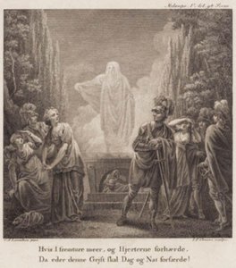 Melampa. Jeśli pójdziesz dalej naprzód i zatwardzisz swoje serca, kiedy ten duch będzie cię przerażał dniem i nocą? Grawerowanie wg Llorentzens Holberg Galleri. autorstwa J.F. Clemens