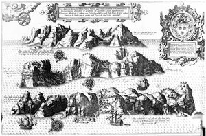 Wyspa Świętej Heleny, ilustracja z Linschoten Itinerario, 1596 autorstwa J.H. van Linschoten