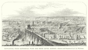 Newcastle, z Gateshead, z mostem wysokiego poziomu (grawerowanie) autorstwa J.L. (after) Williams