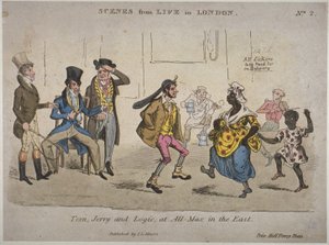 Postacie pijące amd tańczące w Coach and Horses on Nightingale Lane, ilustracja z „Life in London” Pierce
