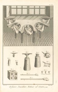 Złotnik-jubiler, wykonawca, ilustracja z „Encyclopédie, ou, Dictionnaire raisonné des sciences, des arts et des métiers. Zbiór talerzy”, ok. 1930 8. Pierwsze wydanie. grawerowane przez Roberta Benard autorstwa J.R (after) Lucotte
