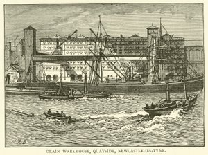 Magazyn zboża, Quayside, Newcastle-on-Tyne (grawerowanie) autorstwa J.R. Brown