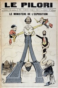 Minister Wystawy (kreskówka o aferach finansowych końca XIX wieku i Wieży Eiffla). Ilustracja J. Blassa (Albert Douat dit) (1847-1892). Okładka „Le Pilori” z 3 marca
