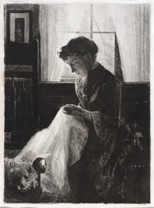 Portret profilowy kobiety szyjącej autorstwa J. Alden Weir