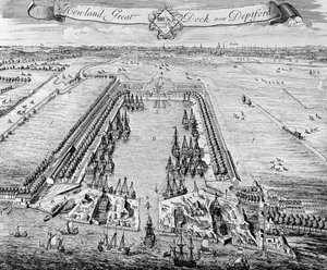 Howland Great Dock, niedaleko Deptford, ok. 1715-20 autorstwa J. Badslade