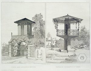 Portal z kioskiem Meudon i zadaszonym tarasem St. Denis z tomu projektów różnych architektów, pub. Morel & Cie, Paryż, ok.1880 (akwaforta)