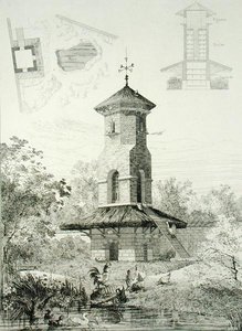 Schronisko dla ptactwa w Chartrettes, z „Constructions et Decorations pour Jardins”, wydana ok. 1880 (rycina)