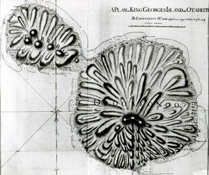Plan Wyspy Króla Jerzego lub Otheite, 1769 (lito) (bw zdjęcie) autorstwa J. Cook