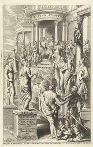 Herkules prowadzi człowieka przez personifikacje cnót do świątyni wiecznej sławy Strona tytułowa dla: Idea principis christiano-politica, Centum Symbolis expressa, Bruksela 1649 (tytuł na obiekcie) autorstwa J. Danoot