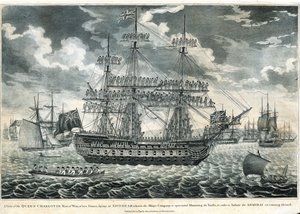 Widok okrętu wojennego "Queen Charlotte autorstwa J. Fairburn