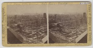 Stereografia widoku na południowy zachód od Water Tower po pożarze w Chicago w 1871 r. autorstwa J. H. Abbott