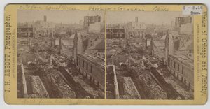 Widok na wschód od gmachu sądu po pożarze Chicago w 1871 r. autorstwa J. H. Abbott