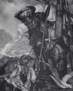 Portugalski odkrywca Vasco da Gama podczas podróży do Indii podczas obserwacji Przylądka Dobrej Nadziei autorstwa J. H. Amschewitz
