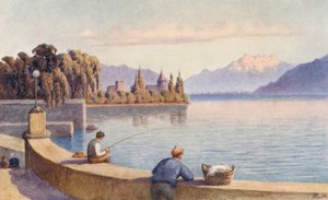 Dents du Midi i La Tour z filmu "Entre deux Villes" (kolorowa litografia) autorstwa J. Hardwicke Lewis