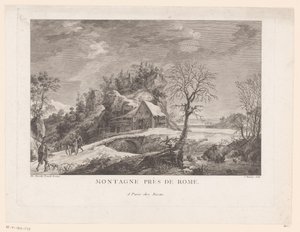 Widok domu przy moście z postaciami Montagne près de Rome (tytuł na obiekcie) autorstwa J. Hémery