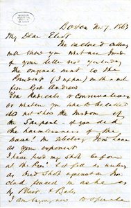 List podpisany J.M.F. [J.M. Forbes], Boston, do Eliota [William G. Eliot], 7 listopada 1863 autorstwa J. M. Forbes