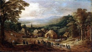Jesienny pejzaż z chłopami autorstwa J. and Momper J. de Brueghel