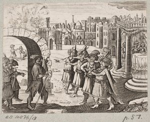 Ilustracja do Adama Oleariusa, „Perski Rosenthal genialnego poety Schicha Saadi […]”, Szlezwik 1660 autorstwa J. Muller